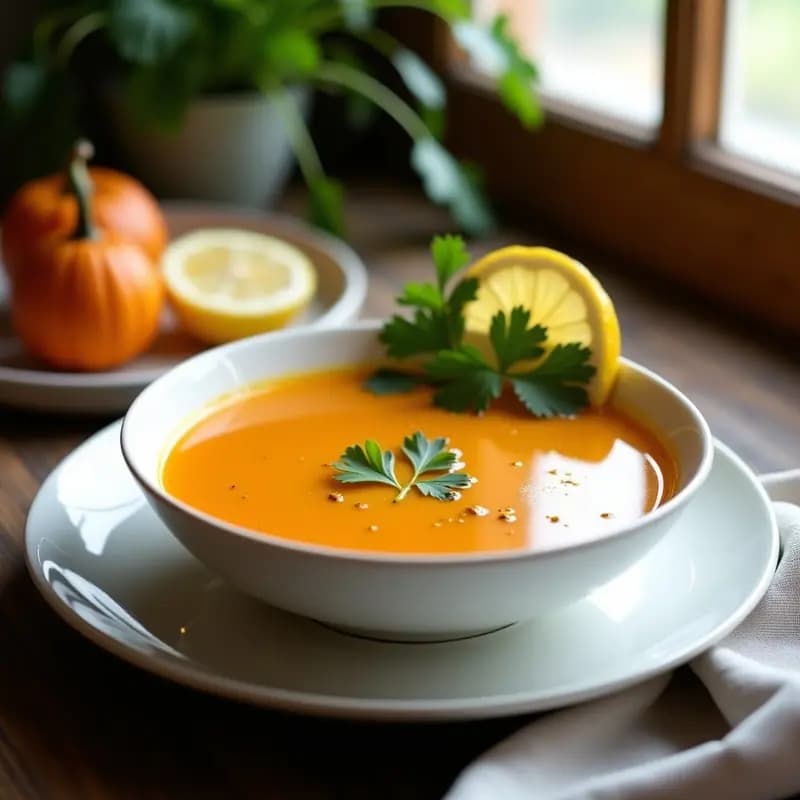 Tazón de cerámica blanca con consomé de calabaza y jengibre antiinflamatorio, decorado con cilantro fresco y rodajas de limón, sobre una mesa de madera rústica.