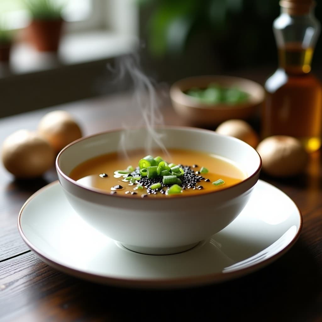 Tazón de cerámica blanca con consomé de Hongos Portobello y Jengibre vegano, decorado con cebollino, semillas de sésamo negro y ralladura de limón, sobre una mesa de madera con fondo borroso.