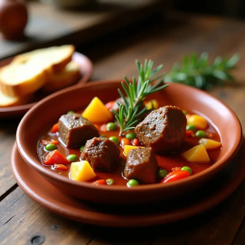 Plato hondo de barro con cordero al chilindrón, trozos tiernos de carne bañados en salsa espesa de tomate y pimientos, acompañados de patatas enteras y guisantes verdes. Receta tradicional aragonesa en olla lenta.