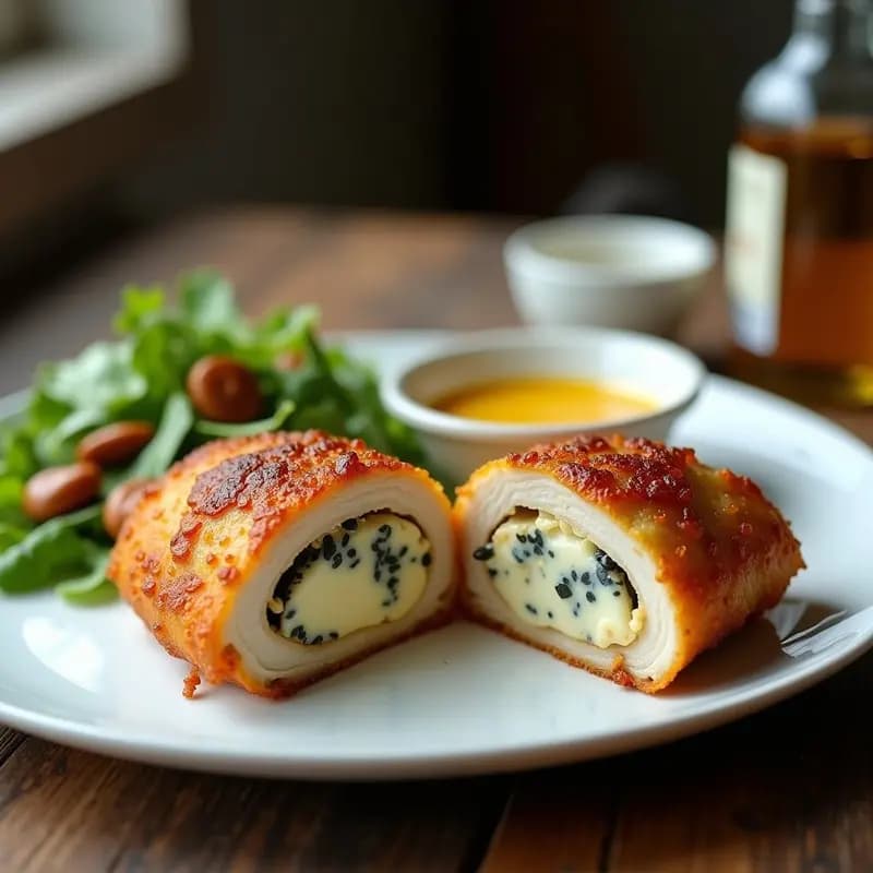Cordon Bleu de pollo relleno de queso azul y nueces dorado y crujiente, servido en plato blanco con ensalada verde y salsa de miel, receta suiza en Airfryer.