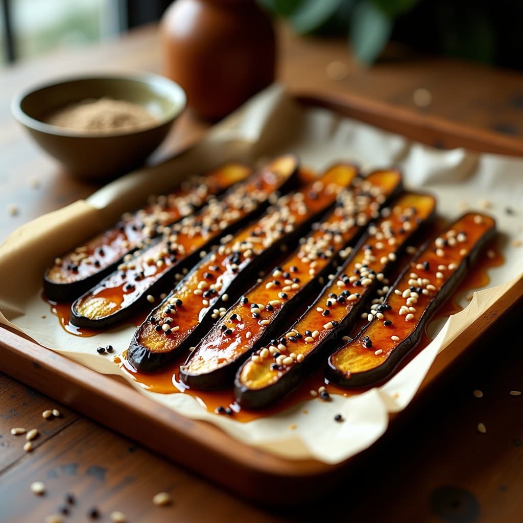 Costillas de berenjena al horno con glaseado brillante de miel y sésamo tostado, dispuestas en bandeja rústica de madera, con semillas de sésamo negro y blanco espolvoreadas. Plato vegano crujiente y dorado.
