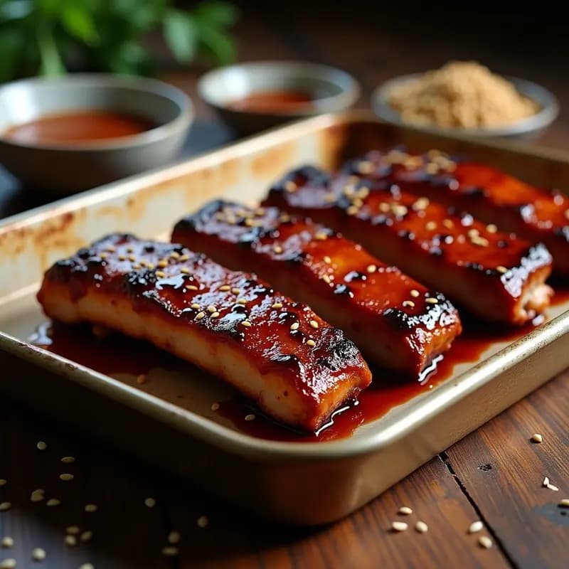 Bandeja de costillas de cerdo glaseadas con salsa teriyaki y miel, brillantes y pegajosas, horneadas hasta la perfección, con bordes caramelizados y jugosas en el interior, sobre papel de aluminio.
