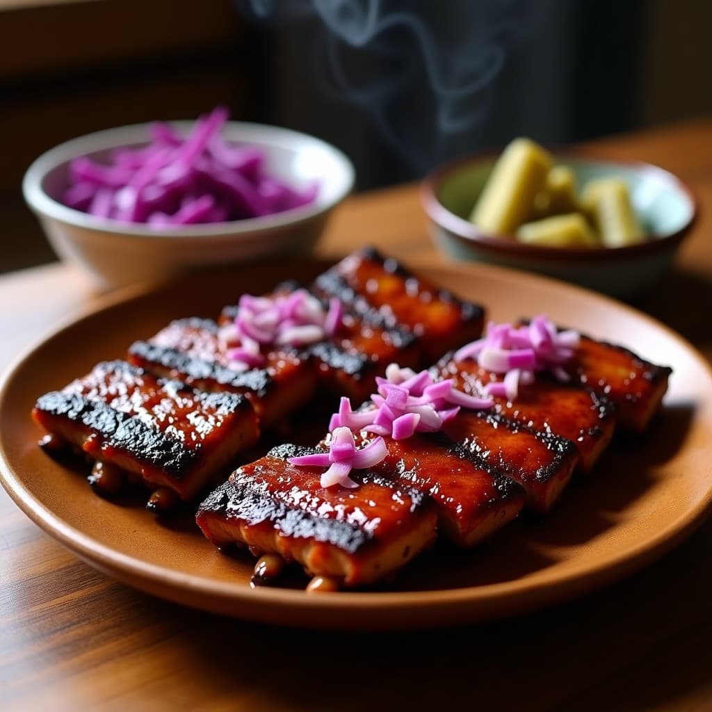 Costillas de seitan al BBQ con toque ahumado en horno, glaseadas con salsa oscura y brillantes, servidas en plato rústico de madera con cebolla morada picada por encima y fondo de ensalada de col morada.