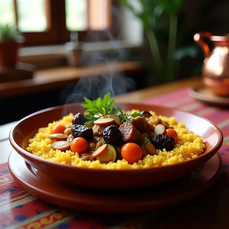 Plato hondo de barro con couscous marfileño esponjoso, coronado por trozos tiernos de cordero, ciruelas pasas brillantes y almendras tostadas. Acompañado de zanahorias, calabacín y garbanzos en un guiso especiado. Decorado con perejil y menta fresca, con un hilo de miel de azahar.