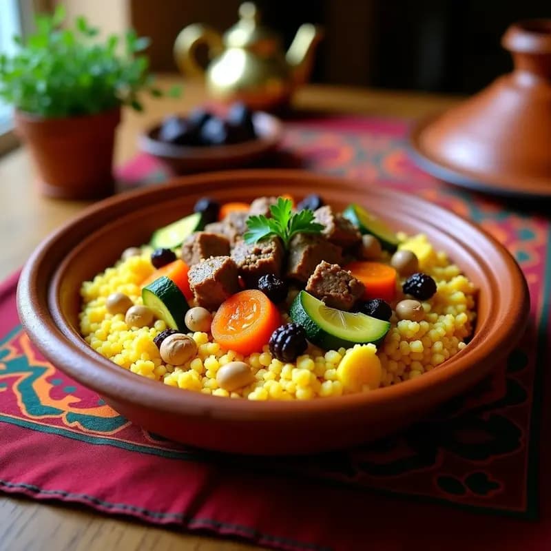 Plato tradicional marroquí de couscous esponjoso servido en fuente de barro, acompañado de trozos tiernos de cordero al Ras el Hanout, zanahorias, calabacín, nabos y repollo cocidos al vapor, con un toque de perejil fresco y harissa al lado.