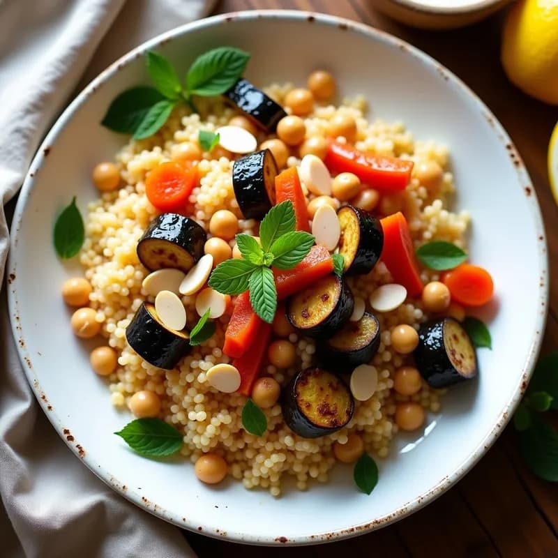 Plato hondo de cerámica blanca con couscous marroquí esponjoso, vegetales asados (berenjena, calabacín, pimiento y zanahoria) dorados, garbanzos y almendras fileteadas, decorado con hierbabuena fresca y rodajas de limón.