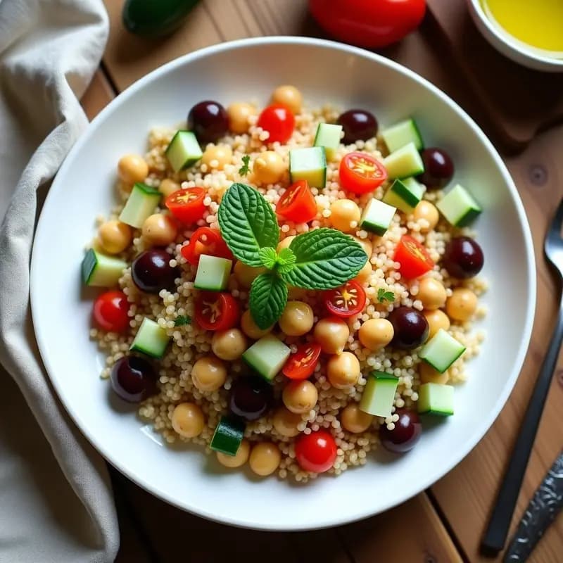 Plato hondo de cerámica blanca con couscous de quinoa remojada, garbanzos dorados, pepino, tomates cherry, pimiento rojo y aceitunas kalamata. Decorado con hojas de menta fresca y un hilo de aceite de oliva. Receta mediterránea sin cocción y alta en fibra.