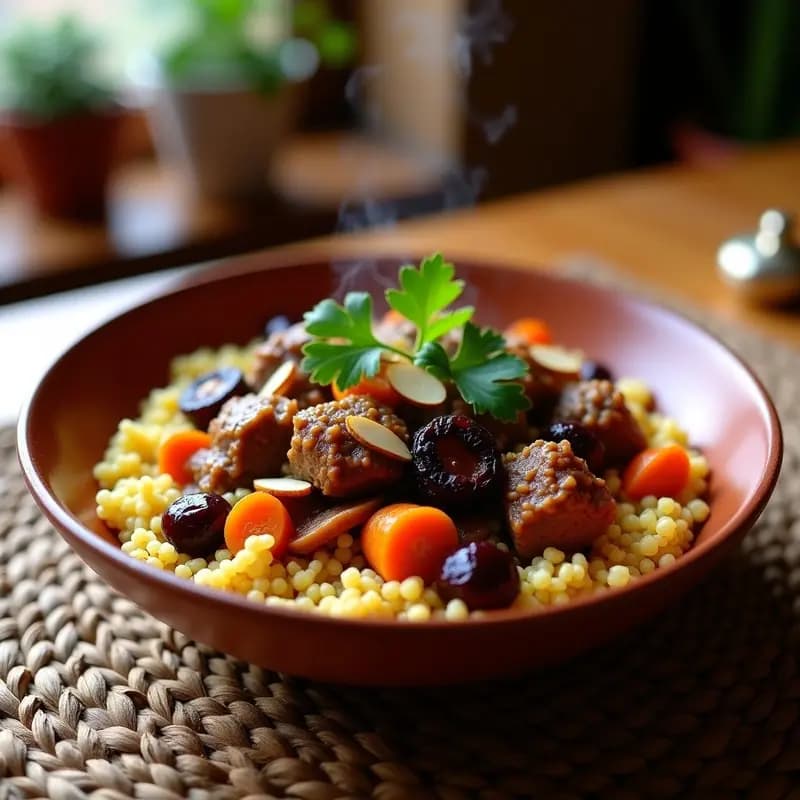 Plato hondo de barro con couscous real marroquí esponjoso, trozos de cordero dorado, ciruelas pasas glaseadas, zanahorias, calabaza y almendras tostadas, decorado con un hilo de miel.