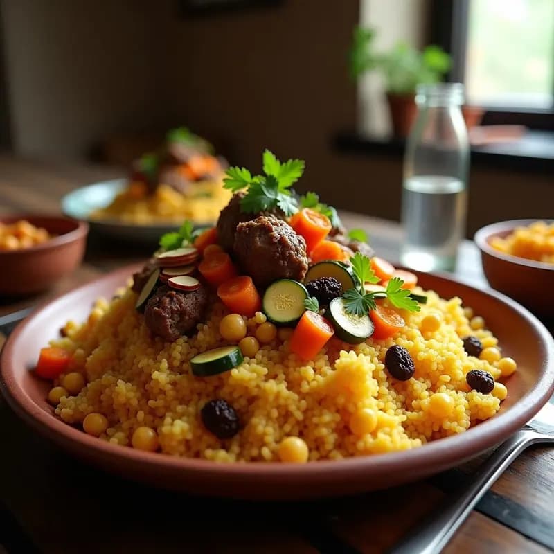 Plato festivo de Couscous Real Marroquí con Cordero y Verduras, servido en fuente de barro. Montículo dorado de couscous coronado con trozos de cordero tierno, garbanzos, zanahorias, calabacín y pasas. Decorado con almendras tostadas y cilantro fresco. Fondo con especias marroquíes como canela y ras el hanout.