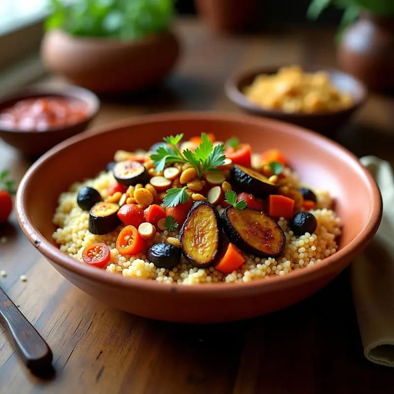 Plato hondo de barro con couscous de sémola integral esponjoso, verduras asadas doradas (berenjena, calabacín, pimiento y zanahoria), almendras tostadas, pasas y tomates secos. Acompañado de un bol pequeño con harissa casera roja y cilantro fresco picado. Estilo rústico marroquí con fondos cálidos.