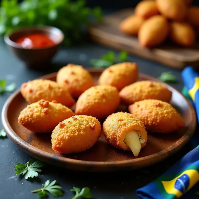 Coxinha brasileira de pollo y crema de catupiry en airfryer, doradas y crujientes por fuera con forma de lágrima, servidas en plato blanco sobre fondo rústico de madera. Se aprecian capas de empanizado panko y el relleno cremoso asomando en el corte.