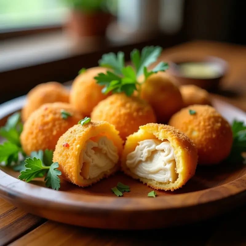 Coxinha brasileña de pollo y Catupyry sin gluten, croquetas doradas en forma de lágrima con rebozado de yuca crujiente, servidas en bandeja de madera con salsa de ajo negro y perejil fresco.