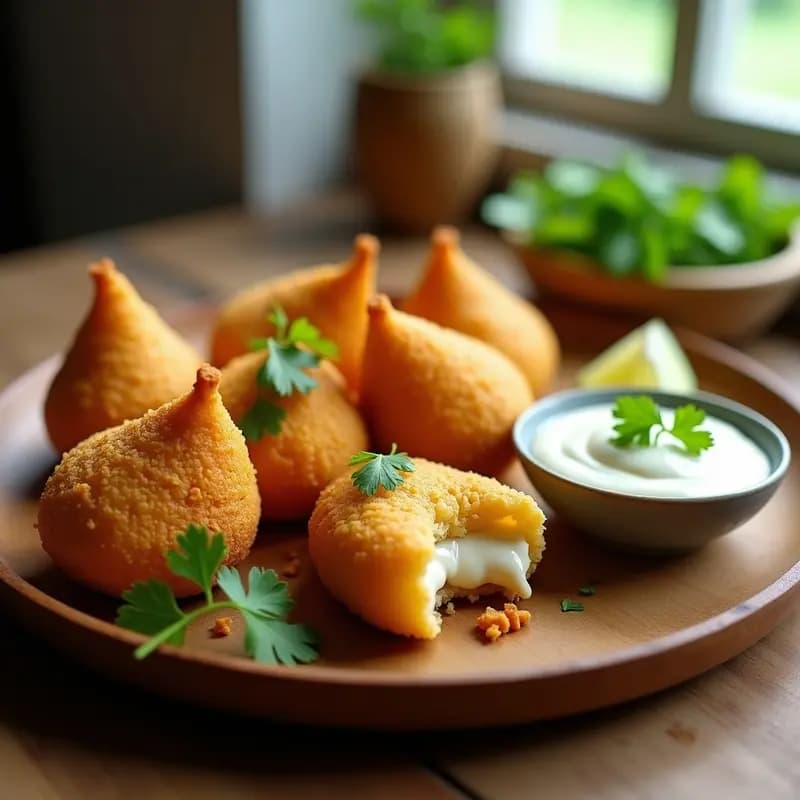 Coxinha de frango brasileira vegana rellena de catupiry de anacardos, con forma de lágrima dorada y crujiente, horneadas en airfryer. Servidas en plato de madera con salsa de yogur vegano al lado.
