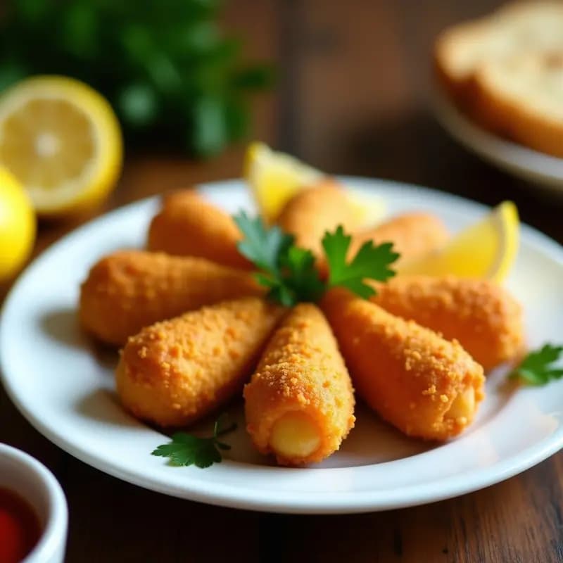 Plato blanco con coxinha de frango brasileña, croquetas de pollo doradas en forma de lágrima, servidas con rodajas de limón y perejil fresco sobre fondo rústico de madera.