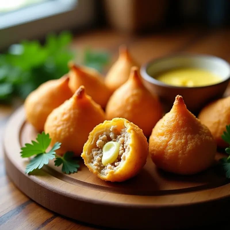 Coxinha de frango com catupiry de caju keto en airfryer, croquetas brasileñas doradas con relleno cremoso, servidas en plato blanco con salsa de anacardos y perejil fresco.