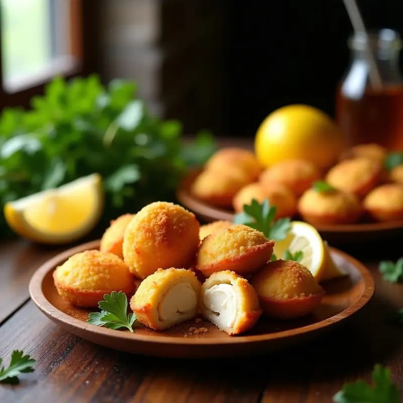 Coxinha de frango keto con rebozado dorado de harina de almendra, servidas en plato de madera rústico con hojas de cilantro y rodajas de limón al fondo. Textura crujiente y color dorado intenso, típica de aperitivo brasileño saludable.