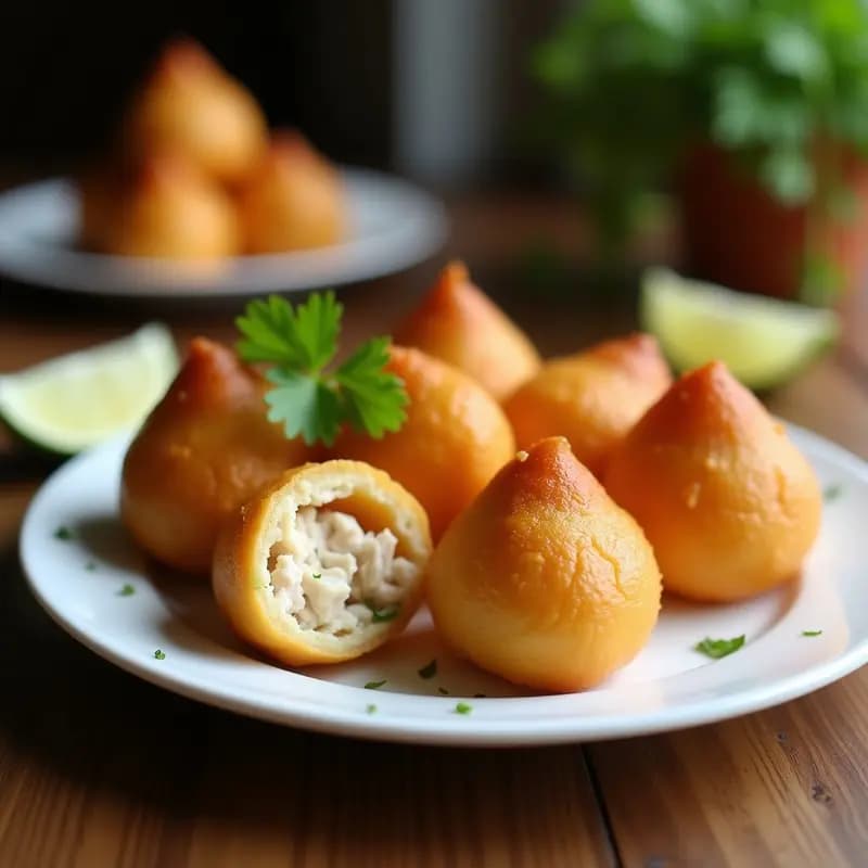 Coxinhas de frango con forma de gota, doradas y crujientes por fuera, cortadas por la mitad para mostrar el relleno cremoso de pollo desmenuzado y queso catupiry, servidas en una bandeja de madera rústica con hierbas frescas.