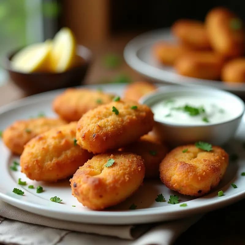 Coxinha de frango con forma de gota alargada, rebozado dorado y crujiente de harina de almendra, servida en plato blanco con salsa de yogur y perejil. Receta brasileña en airfryer sin gluten.
