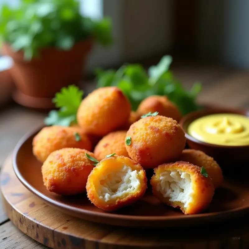 Coxinha de frango con rebozado de yuca dorada y crujiente, servida en plato de madera con salsa cremosa y hierbas frescas, aperitivo brasileño sin gluten hecho en airfryer.