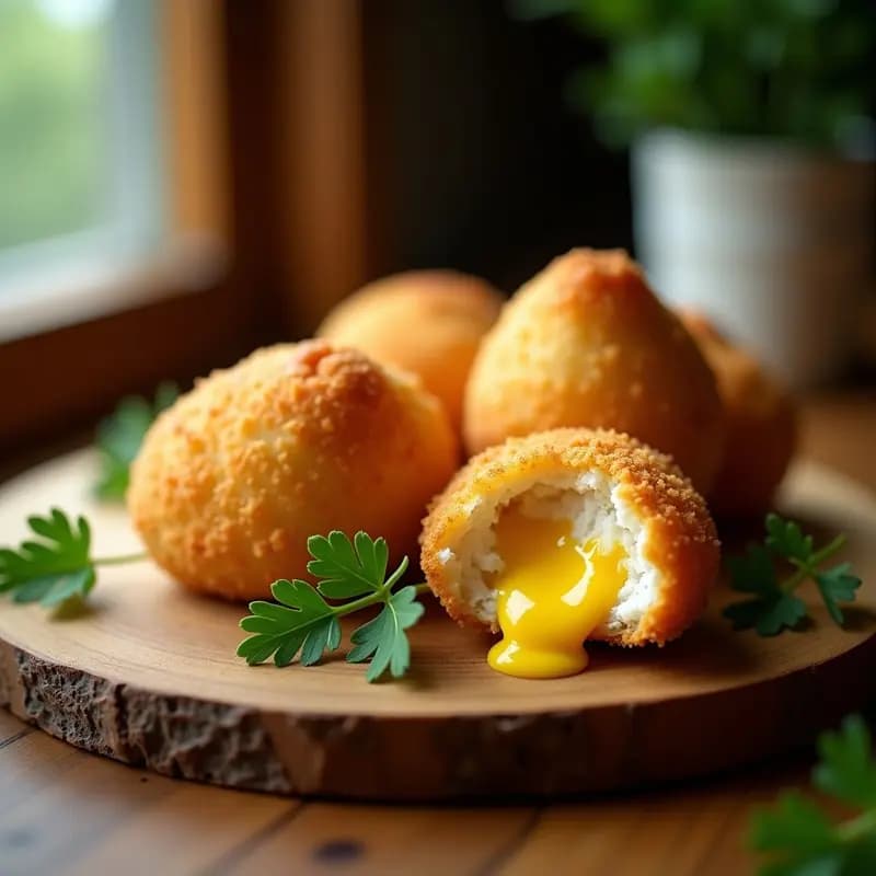 Coxinha de frango con yuca y queso Minas doradas y crujientes, servidas en una bandeja de madera con hojas de perejil fresco y salsa de yogur al lado. Receta brasileña en airfryer sin gluten.