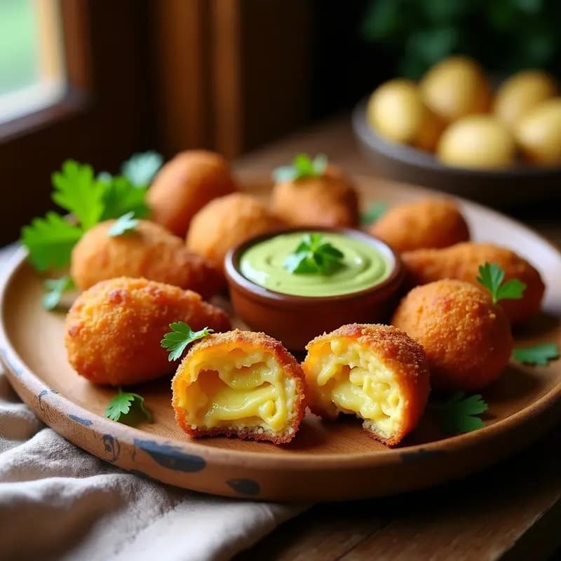 Coxinha de jaca brasileña vegana en forma de lágrima, doradas y crujientes, servidas en una fuente de madera con hojas de cilantro fresco y un dip de aguacate al lado. Plato típico brasileño reinventado con yaca y queso de cáscara de anacardo, cocinado en airfryer.
