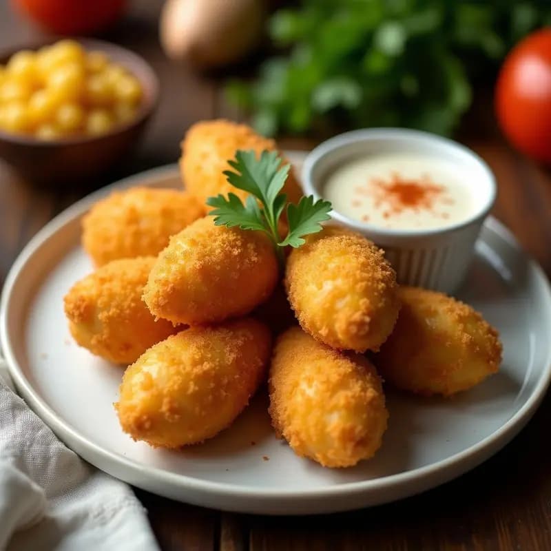 Coxinha de frango de jackfruit vegana en forma de lágrima, dorada y crujiente, con panrado de copos de maíz, servida en plato blanco con salsa cremosa y hojas de cilantro.