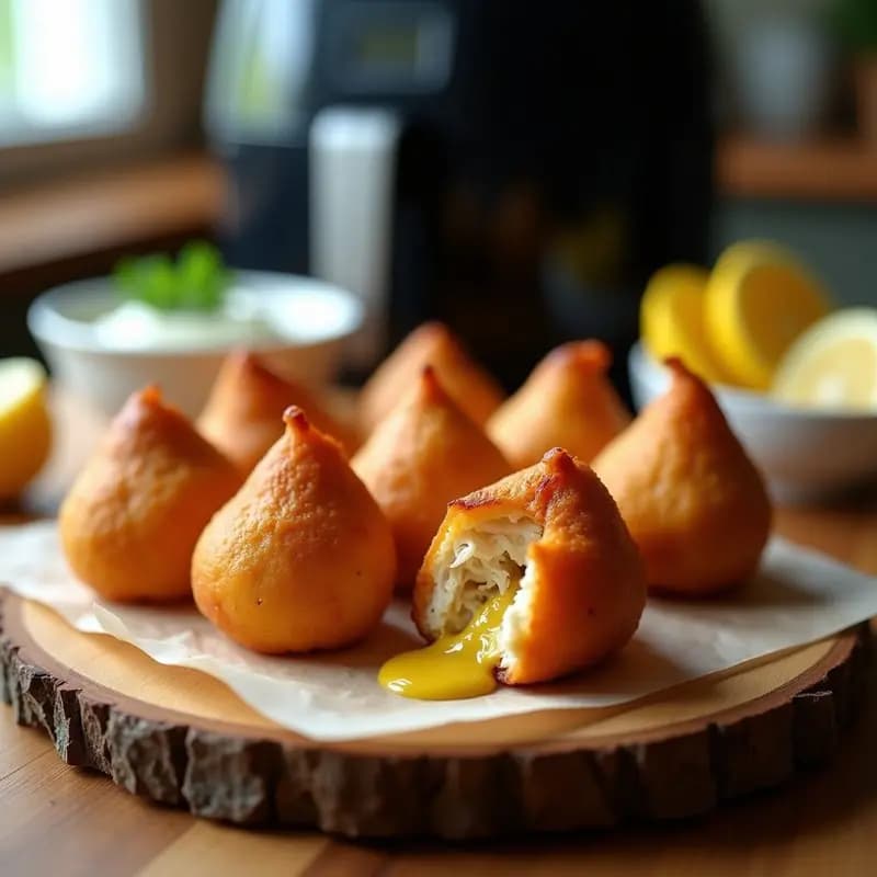 Bandja de coxinha brasileña keto doradas y crujientes rellenas de pollo desmenuzado y CatupiryLight, servidas sobre papel de horno con hierbas frescas y una salsa cremosa al lado. Receta en airfryer baja en carbohidratos.