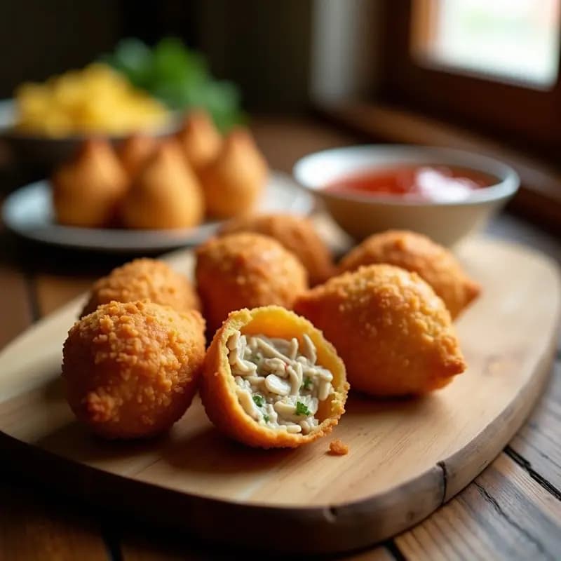 Coxinha de pollo desmenuzado y Catupiry vegano en Airfryer: croquetas brasileñas doradas y crujientes con forma de gota, rellenas de jackfruit especiado y crema de anacardos, servidas en un plato de madera con hoja de laurel.