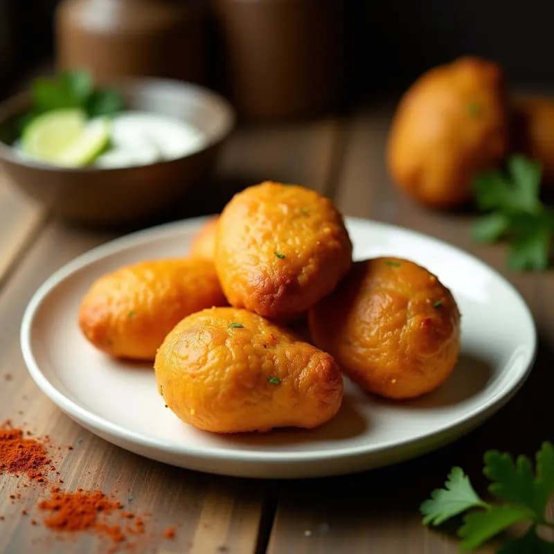 Coxinha de pollo con rebozado de mandioca dorada y crujiente, servida en plato blanco con salsa de yogur y cilantro, receta brasileña en airfryer.