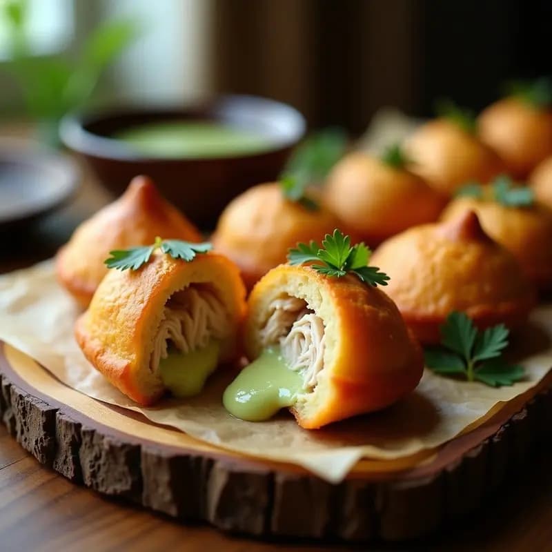 Coxinha de pollo y requesón con masa de yuca doradas, forma de lágrima, servidas en plato blanco con hierbas frescas y salsa ligera al lado. Receta brasileña sin gluten y baja en carbohidratos.