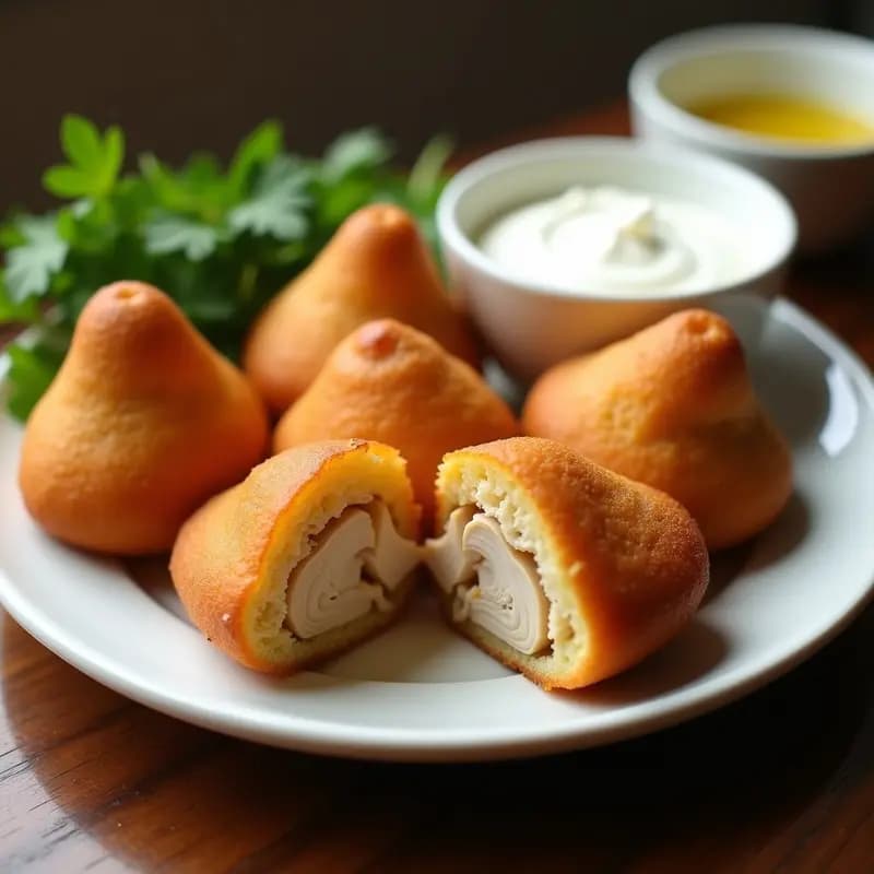Coxinha brasileña dorada con rebozado de tapioca, rellena de pollo desmenuzado en salsa cremosa de coco y cúrcuma, servida en plato blanco con hierbas frescas y rodajas de lima.