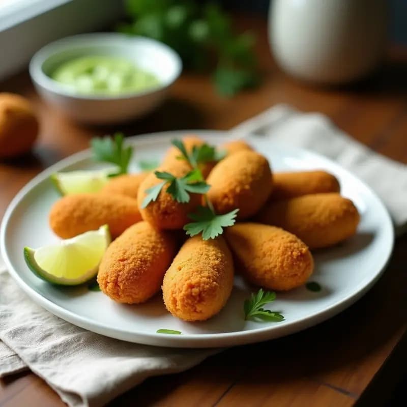 Coxinha de pollo vegana en forma de lágrima, dorada y crujiente, rellena de jackfruit y catupiry de anacardo, servida en plato blanco con salsa verde y limón al lado.