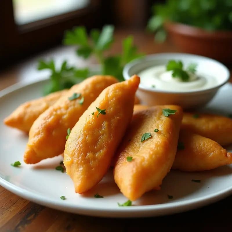 Coxinha brasileña vegana de yuca y jackfruit, dorada y crujiente, con forma de lágrima alargada, servida en plato blanco con salsa de yogur de coco y cilantro fresco. Receta frita en airfryer.