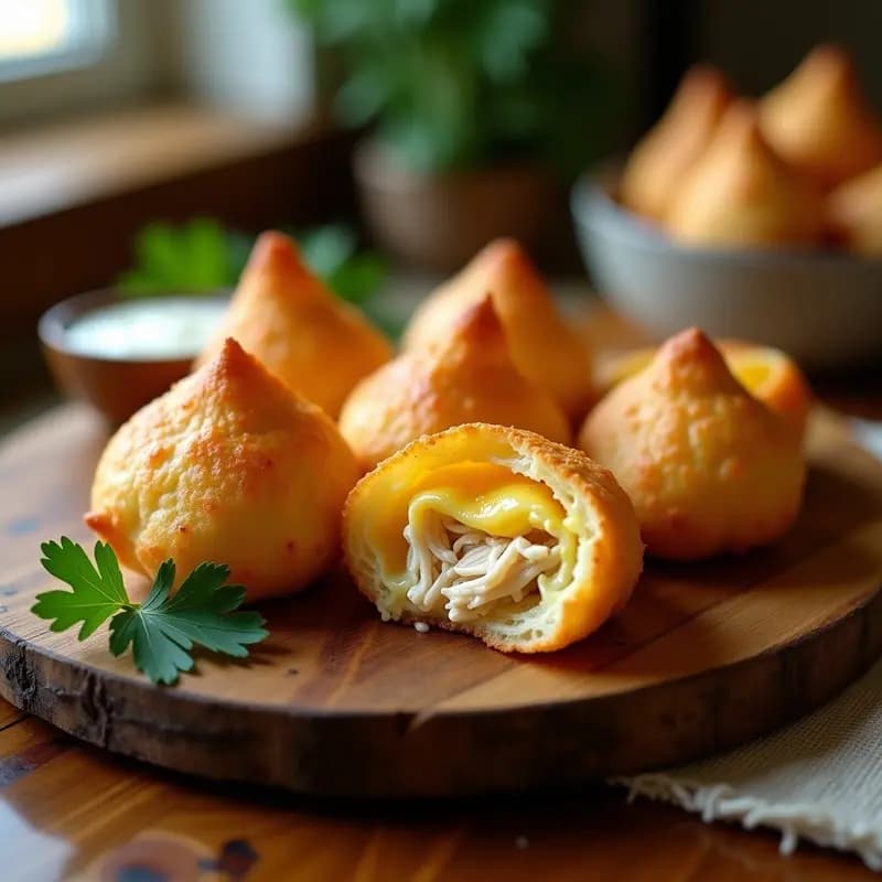 Coxinhas de pollo y queso con masa de yuca doradas y crujientes, servidas en plato rústico con salsa de ají al lado, aperitivo brasileño sin gluten hecho en airfryer.