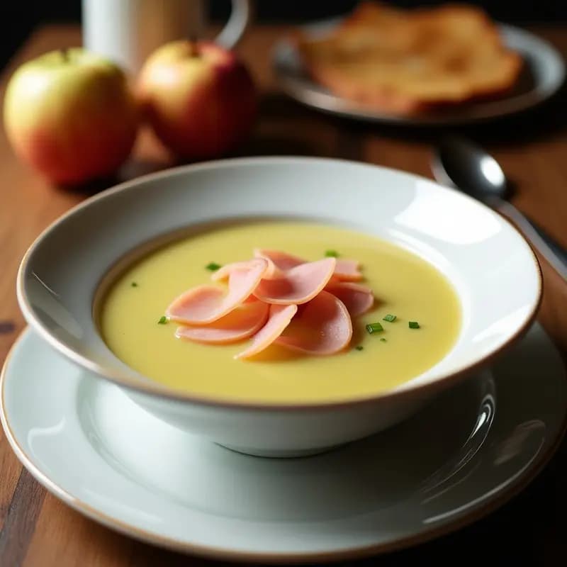 Cuenco hondo blanco con crema de apio y manzana de color beige claro, decorada con virutas finas de nuevo de jamón serrano en el centro y un hilo de aceite de oliva. Fondo rústico de madera con una cuchara de madera al lado.