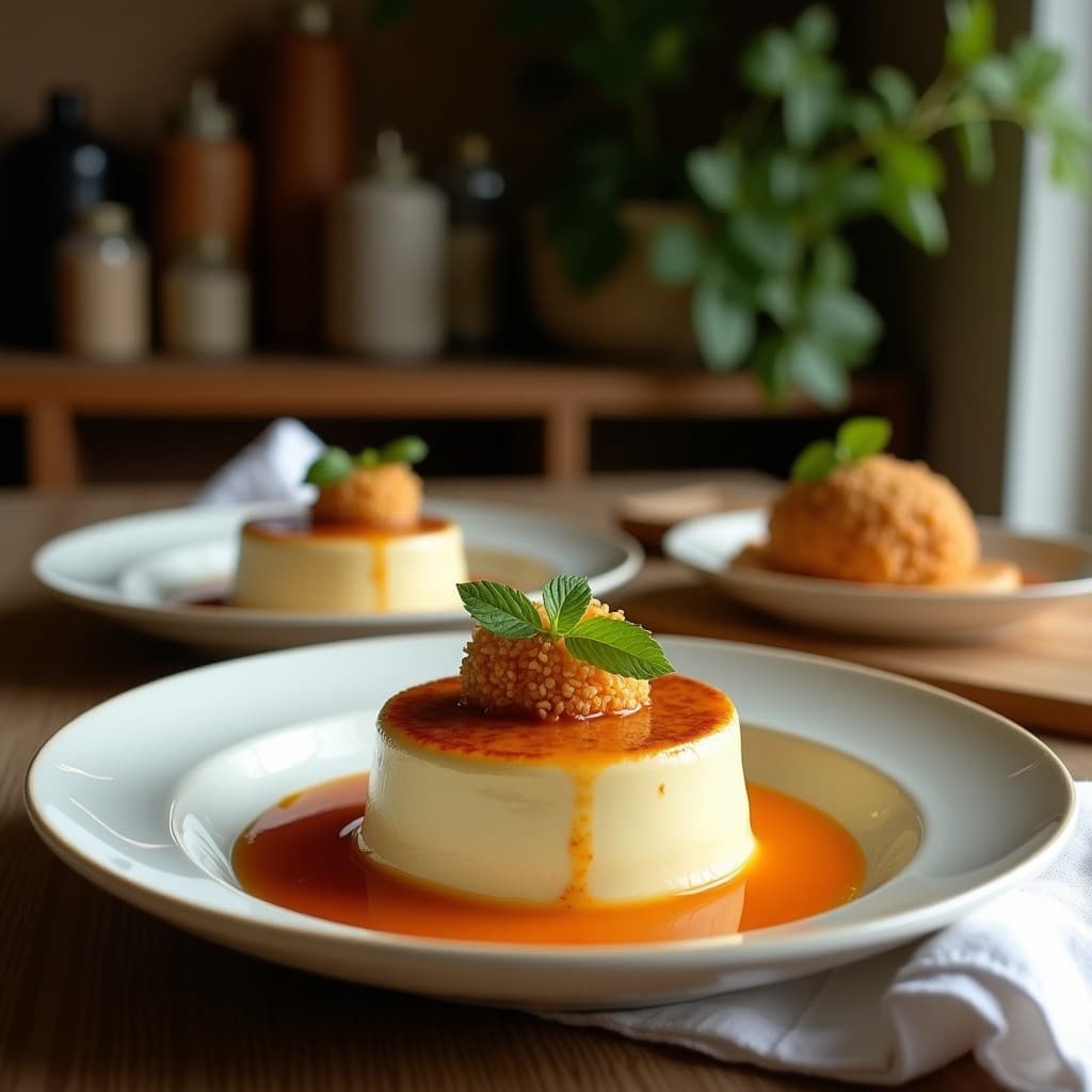 Plato hondo blanco con crema de apio nabo y cúrcuma de color amarillo dorado, decorada con crutones de pan de centeno tostados. Fondo rústico con especias y hierbas frescas.