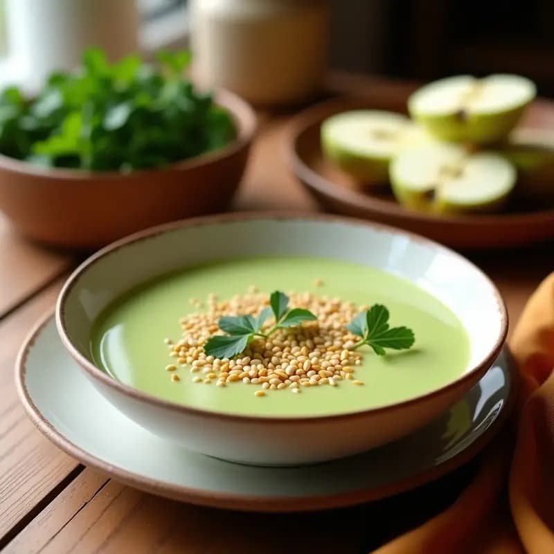 Cuenco de cerámica blanca con crema de apio nabo y manzana verdes, decorada con crujiente de semillas de sésamo y girasol, sobre una mesa de madera rústica con hojas de perejil fresco.