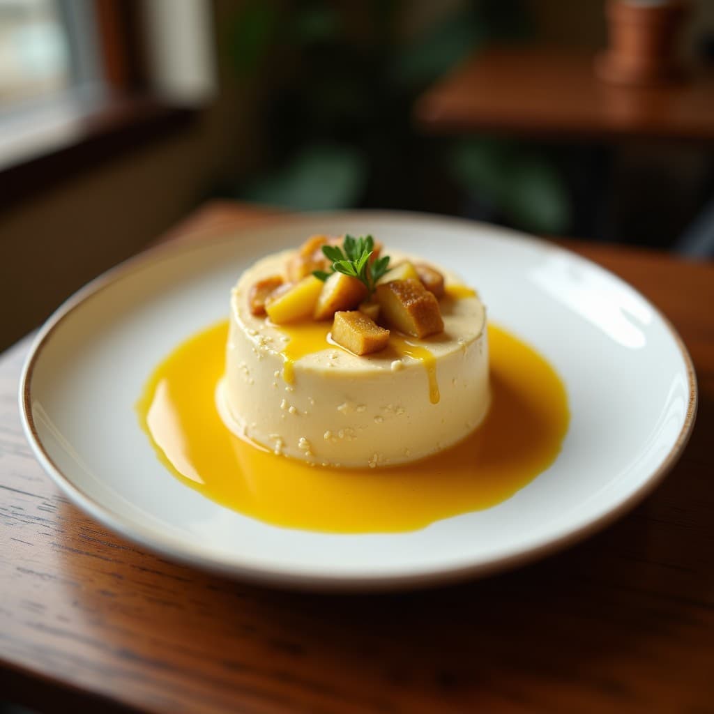 Cuenco hondo de cerámica blanca con crema de apio nabo y manzana de color beige dorado, decorada con hojas de cilantro verde y semillas de sésamo tostadas. Fondo rústico con pan de centeno y una cuchara de madera. Receta alemana sin lácteos con toque de curry.