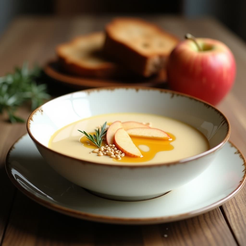 Cuenco hondo de cerámica blanca con crema de apio nabo y manzana desintoxicante, decorada con semillas de sésamo tostadas y un hilo de miel dorada. Fondo rústico con pan de centeno tostado y hierbas frescas.