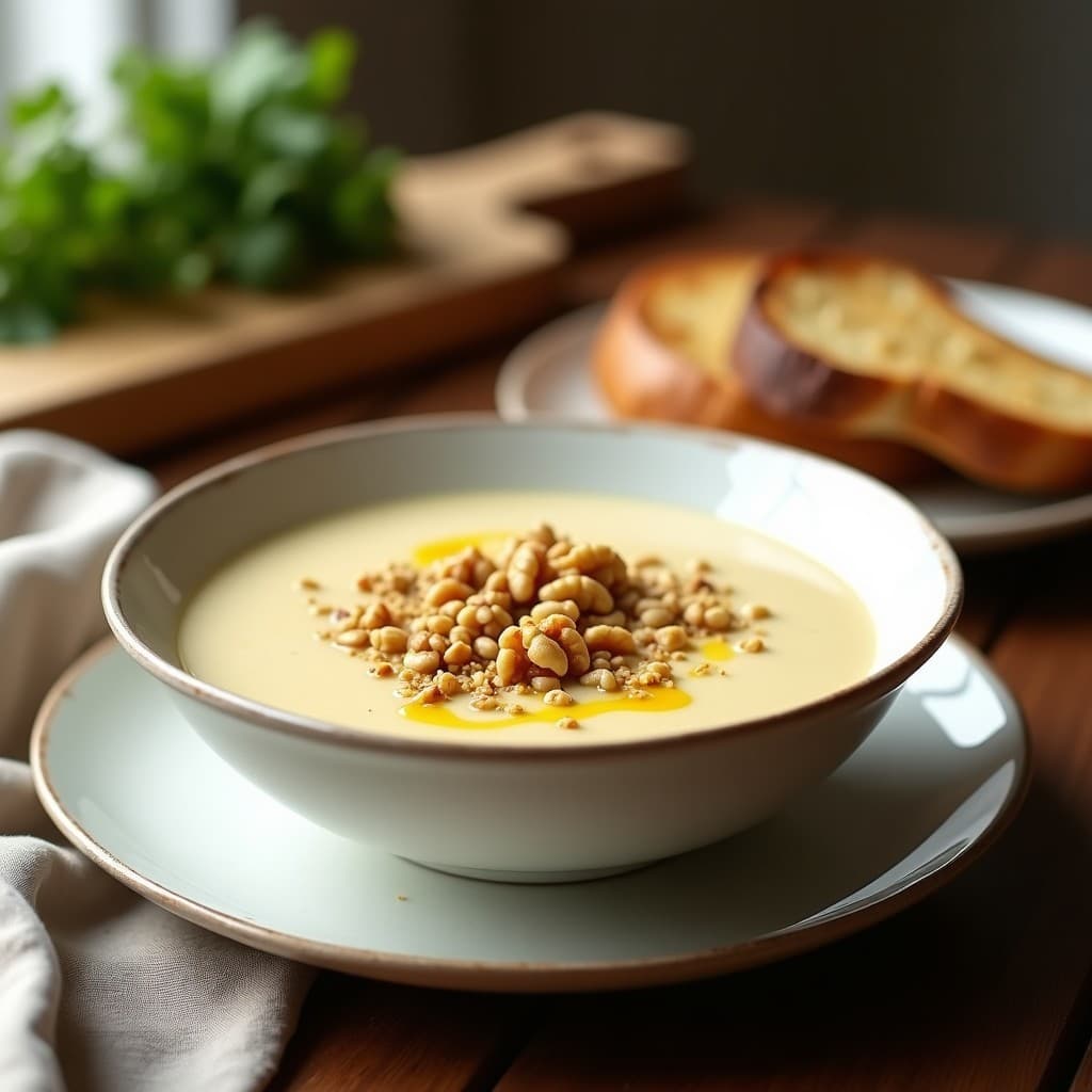 Cuenco hondo de cerámica blanca con crema de apio nabos y nueces vegana, coronada con crumble de semillas de girasol y calabaza tostadas, nueces picadas y un hilo de aceite de oliva. Fondo rústico con pan de centeno tostado.
