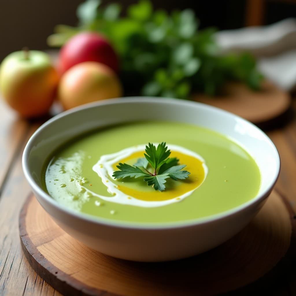 Cuenco blanco con crema de apio rabanito y manzana verde, de color verde vibrante, decorada con hojas de cilantro fresco y un hilo de aceite de oliva. Plato de sopa antioxidante servido en fondo rústico de madera.