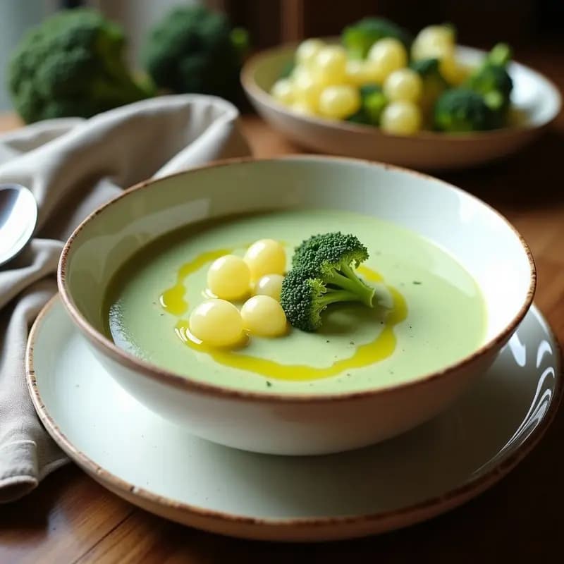 Crema de brócoli y ajoblanco vegana servida en un cuenco blanco rústico, con uvas blancas troceadas y un hilo de aceite de oliva virgen extra. Plato frío de textura sedosa, color verde claro con toques crema, típico de la cocina andaluza.
