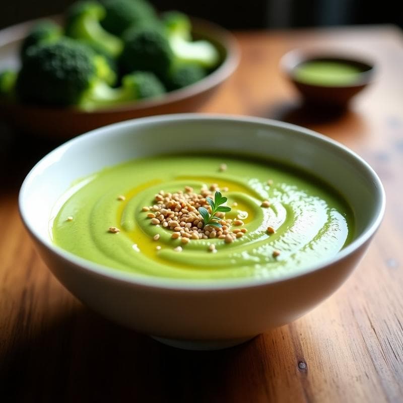 Crema de brócoli y apio con touch de wasabi en Thermomix, servida en un bol blanco con decoración de semillas de sésamo y un hilo de aceite de oliva, sobre fondo rústico de madera.