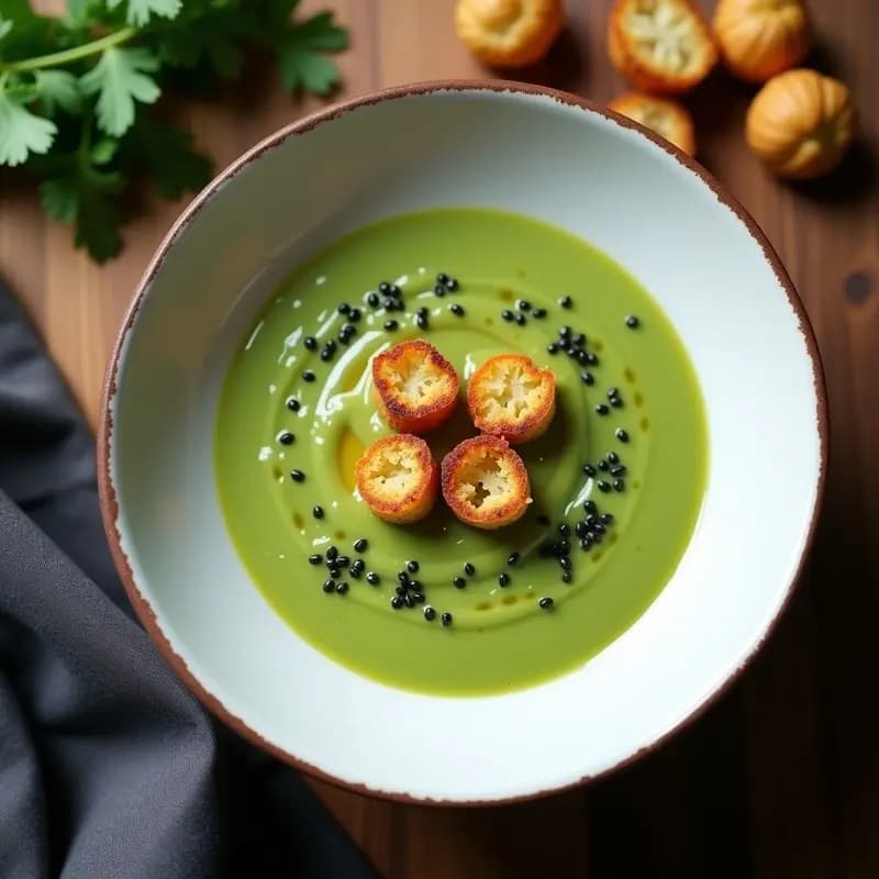 Plato hondo blanco con crema de brócoli y jengibre de color verde intenso, coronada con crutones dorados de quinoa y semillas de sésamo negro. Sopa desintoxicante en Thermomix, textura sedosa y presentación gourmet.
