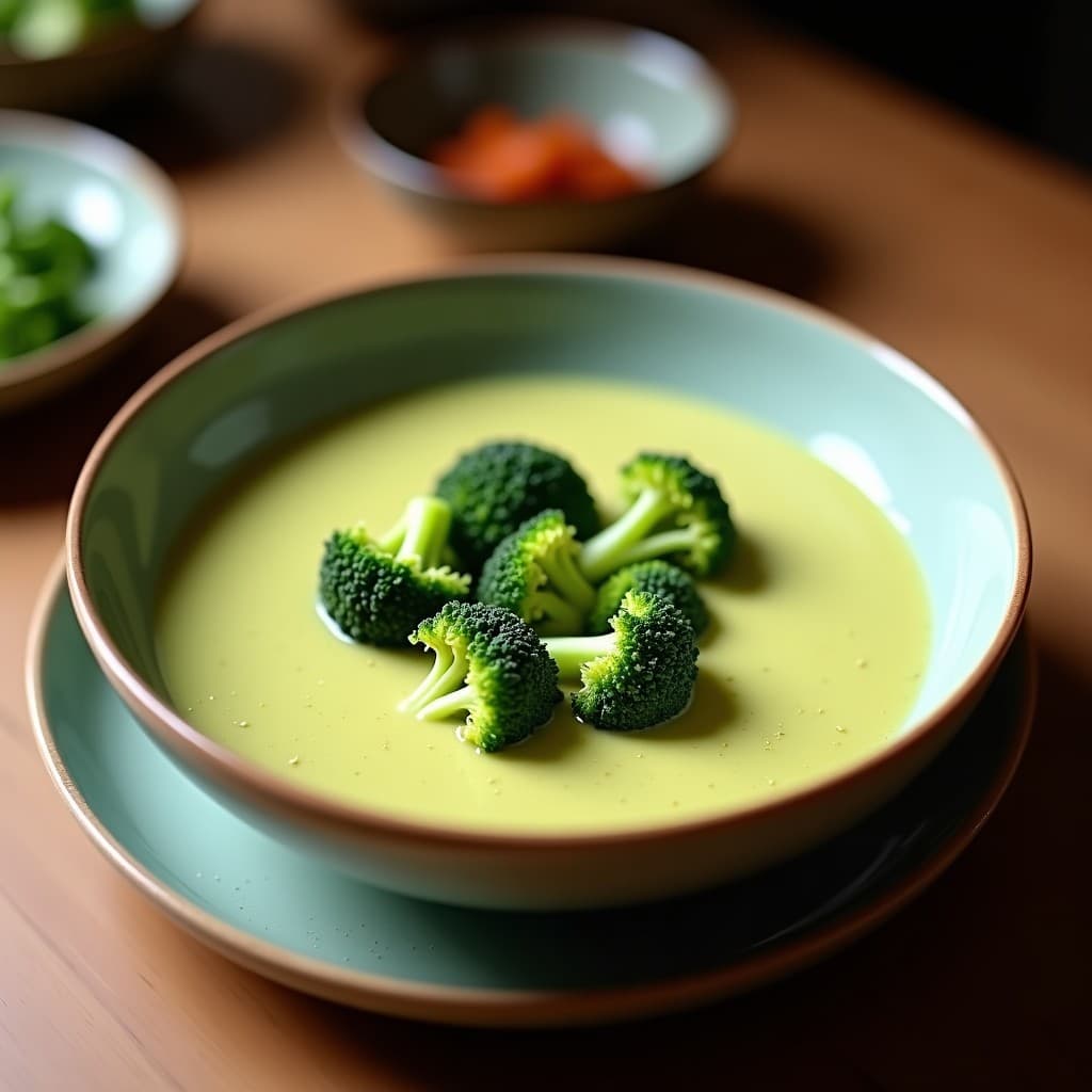 Cuenco de cerámica blanca con crema de brócoli y wasabi de color verde vibrante, decorada con virutas de coco tostadas y un hilo de aceite de oliva. Plato keto sin lácteos servido en olla exprés.