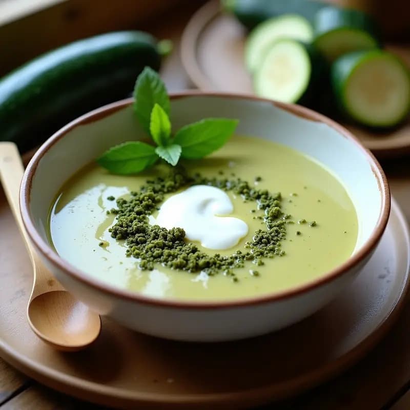 Crema de calabacín con zaatar servida en un bol blanco, con un hilo de aceite de oliva y una pizca de especias zaatar espolvoreadas. Plato reconfortante y antiinflamatorio.