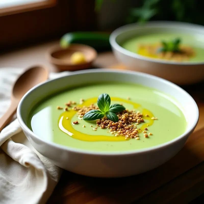 Cuenco blanco con crema de calabacín y zaatar en Thermomix, decorada con un hilo de aceite de oliva y una pizca de zaatar espolvoreado, sobre fondo rústico de madera.