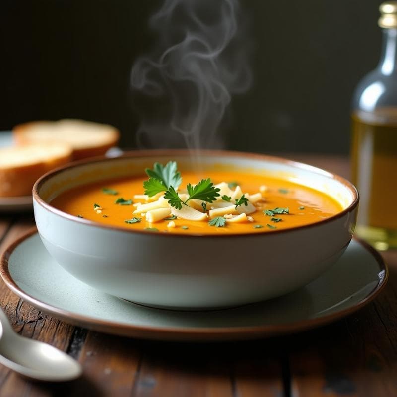 Cuenco de cerámica blanca con crema de calabaza azul espesa, coronada con virutas de cheddar ahumado fundido y perejil fresco, sobre un fondo rústico de madera.