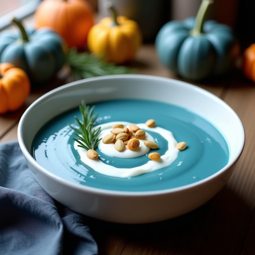 Cuenco blanco con crema de calabaza azul humeante, decorada con un hilo de yogur griego y semillas de calabaza tostadas, sobre fondo rústico de madera.