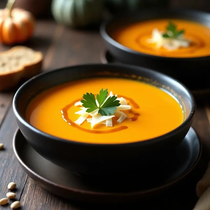 Cuenco de cerámica negra con crema de calabaza y curro en airfryer, espolvoreada con perejil fresco y virutas de queso curado, sobre fondo rústico de madera.